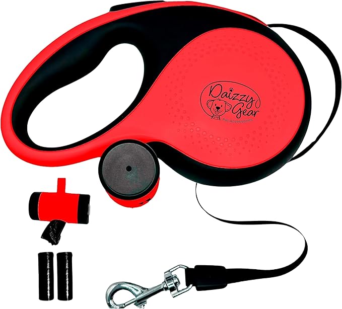 Long Retractable Dog Leash with Poop Bag Dispenser – Tangle-Free 16FT Extendable Leash for Small Dogs and Medium with Removable Waste Bag Holder & 2 Rolls of Bags - Medium - Red