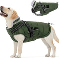 Queenmore Winter Dog Jackets for Extra Large Dogs with Harness Built-in, Waterproof Puffer Coat for Large Breed, Pet Snow Jacket for Winter/Cold Weather - Fleece Easy On Reflective, Green XL