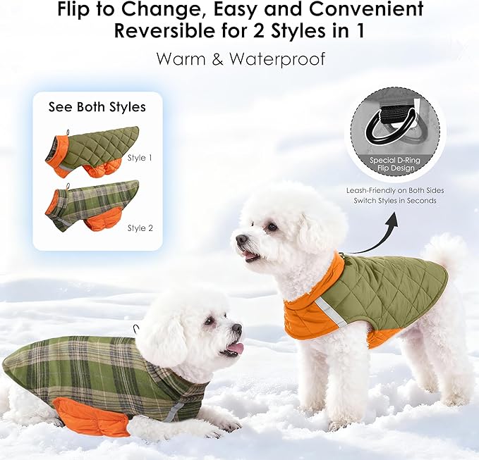 Quilted Dog Winter Coat, Plaid Lined Reversible Vest, Reflective Safety Strip, Cold Weather Pet Apparel Army Green XXS