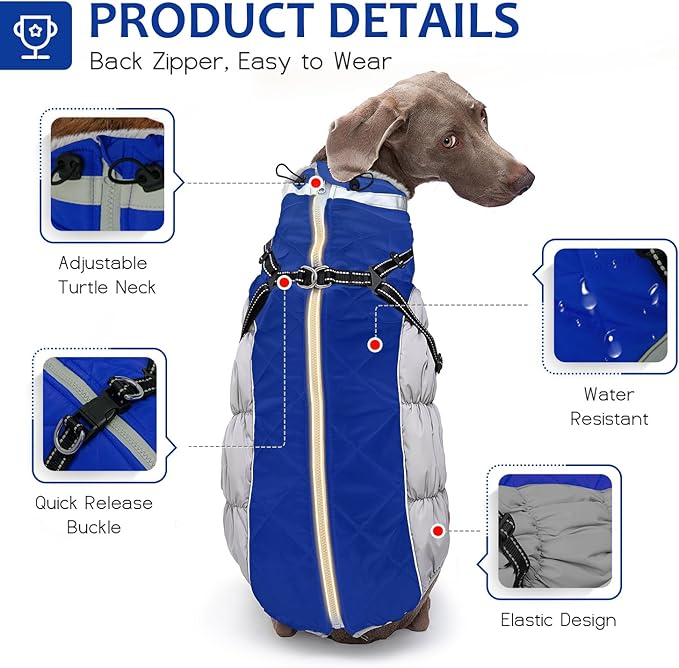 Dog Winter Coat with Harness, Dog Jacket, Pet Clothes with Zipper on Back, Waterproof Windproof Warm Vest, Reflective Cold Weather Coats, for Small Medium Large Dogs, Thick, Blue, 2XL