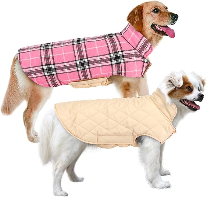 MIGOHI Reversible Dog Coat, Windproof & Waterproof Jacket for Cold Weather, British Style Plaid, Warm Vest with Harness Hole, Pink, 2XL