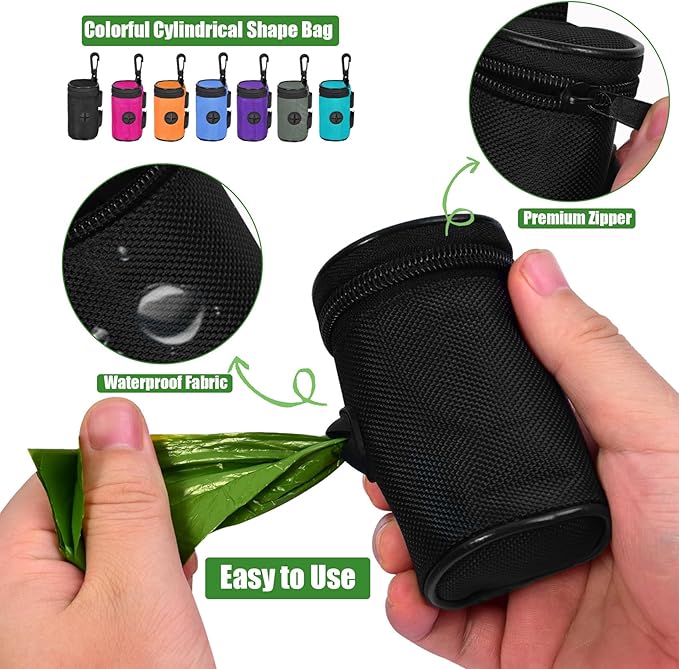 Dog Poop Bag Holder for Leash Attachment - Waste Bag Dispenser for Leash - Fits Any Dog Leash - Portable Set with Hand Free Holder Metal Carrier, Round Shape, Grey