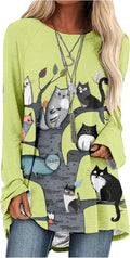 Womens Tunic Shirt Cute Cat Print Long Sleeve Round Neck Women T Shirts Cotton Casual Plus Size Vacation Tunics Tops