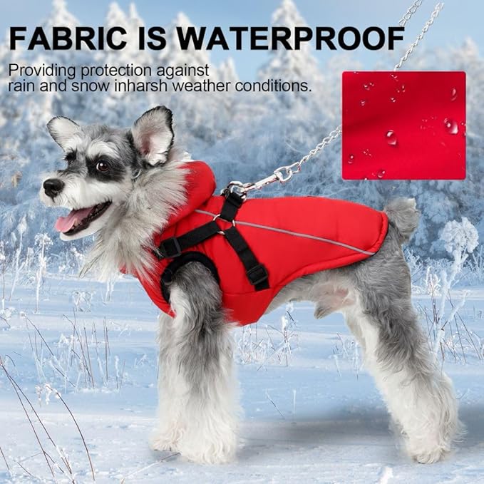PINA Winter Coat with Waterproof Fabric, Warm Dog Jacket with Faux Fur Hood, Reflective Strap for Small to Large Dogs, Red, M