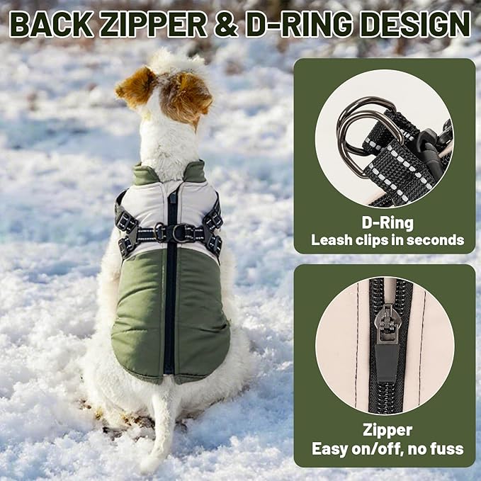 Dog Winter Coat for Small & Medium Dogs (Up to 31lb), Waterproof Dog Coat with Harness, Puppies Windproof Puppy Puffer Jacket, Snowsuit for Dachshund,Frenchie, Corgi (Classic Green, 2XLarge)