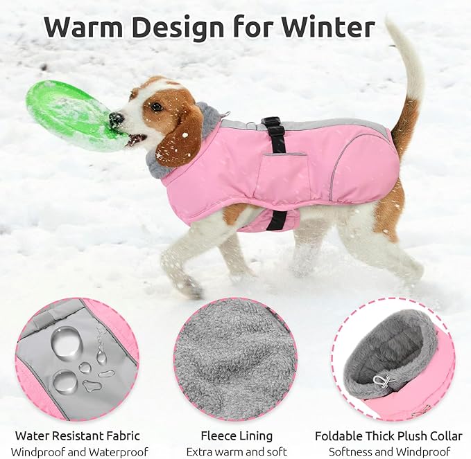 Queenmore Dog Winter Jacket, Fleece Lining Doggie Vests for Winter, Dog Coats for Medium Dogs Waterproof, Puppy Snowsuit with Leash Hole, Pink, M