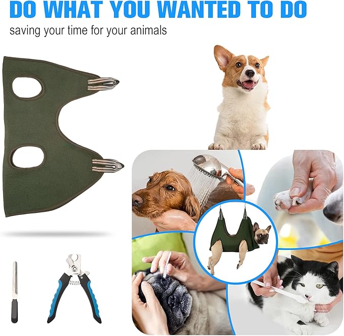 10 in 1 Dog Grooming Hammock Harness with Nail Clippers/Trimmer, Nail Hammock for Trimming, Grooming Sling Hange Holder for Extra Large Dogs (XXL/Under 120lb, Khaki Green)