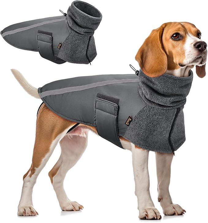 SlowTon Winter Dog Coat, Warm Polar Fleece Lining Doggie Outdoor Jacket with Turtleneck Scarf Reflective Stripe Adjustable Waterproof Windproof Puppy Vest Soft Pet Outfits (M+,Grey)