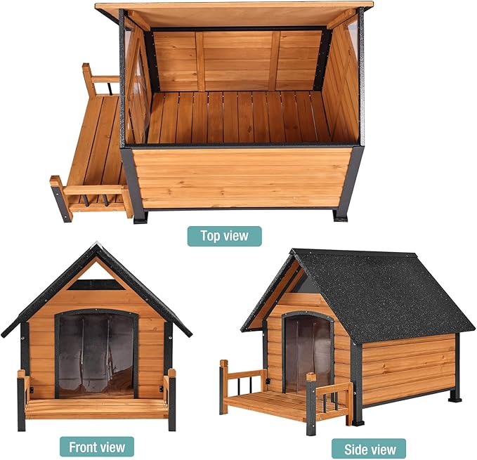 Dog House with Heating Pad, Weatherproof Outdoor Kennel for Large Dogs, Chew-Resistant Iron Frame & Asphalt Roof (Wood, L)