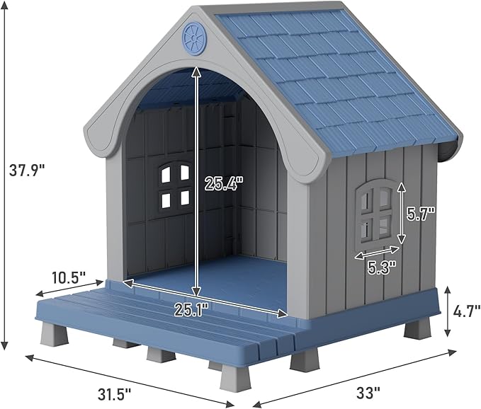 Dog House Outdoor Indoor, Weatherproof Insulated Dog House with Elevated Floor and Air Vents for Small to Medium Dogs,Easy Clean and Assemble (Blue1, 32.95" L×31.5" W×37.88" H)