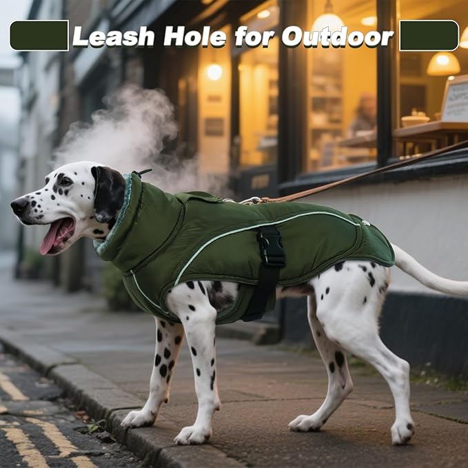 DENTRUN Extra Large Warm Dog Jacket - Windproof Water Repellent Reflective Coat, Adjustable Plush Turtleneck, Easy Wear Fleece Lined Cold Weather Vest for Great Dane, Army Green, XXXL