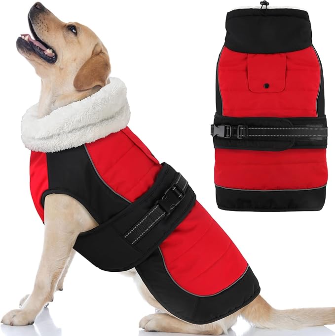 Dogcheer Dog Coat, Christmas Dog Jacket, Waterproof Turtleneck Puppy Winter Coat, Adjustable Pet Puffer Jacket, Reflective Warm Fleece Coats for Small Medium Large Dogs - Red, M