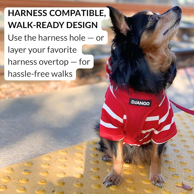 DJANGO Dog Hoodie – Warm, Lightweight, Soft & Stretchy Dog Sweater with Hood, Harness Hole & Elastic Waistband – Cozy Sweatshirt for Small Dogs up to 25 lbs, Dachshunds & Puppies – Crimson Red, Medium