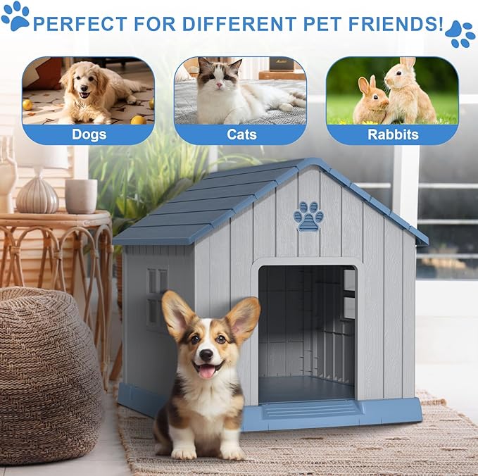 31'' Dog House Outdoor Indoor, Durable Waterproof Plastic Kennel for Small to Large Dogs, Easy Assembly with Air Vents and Elevated Floor (31.2''L x 33.5''W x 32.5''H, Blue)