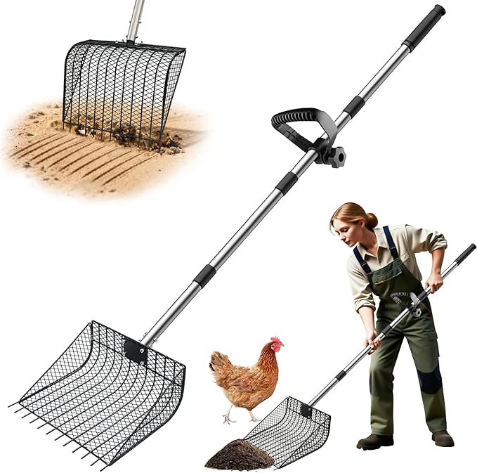 11.61" Chicken Poop Scooper & Rake, Otunrues Pooper Scoopers, 25" to 67" Large Metal Stainless Steel Chicken Litter Scoop with Handle for Farm Pet Waste Cleaning Sifting Litter Shovel