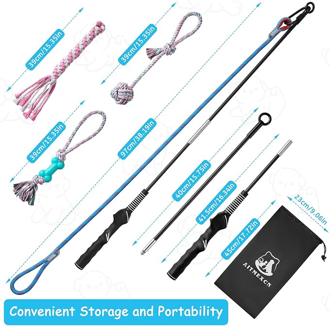 Aitmexcn Flirt Pole for Dogs Chase and Tug of War, Interactive Dog Toys for Large Medium Small Dogs, Dog Enrichment Toys with Rope Chewing Toys for Outdoor Training Playing Exercise