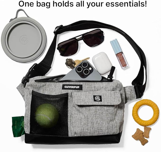 Dog Walk & Train Sling Bag by Cleverpup - Hands-Free 2-In-1 Treat Pouch, Poop Bag Holder, Clicker, Phone Pocket - Crossbody/Fanny Pack, Adjustable Strap - Heather Grey