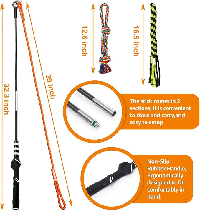 Flirt Pole for Dogs Chase and Tug of War, Interactive Dog Toys for Large Medium Small Dogs, Dog Teaser Wand with Rope Tether Lure Chewing Toy for Outdoor Training Playing Exercise