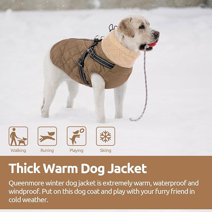Queenmore Dog Jackets for Medium Dogs, Dog Coat with Harness Built in, Waterproof Pet Winter Coat with Zipper On Back Doggy Snowsuits Warm Soft Pet Jacket for French Bulldog, Poodle, Corgi, Brown M