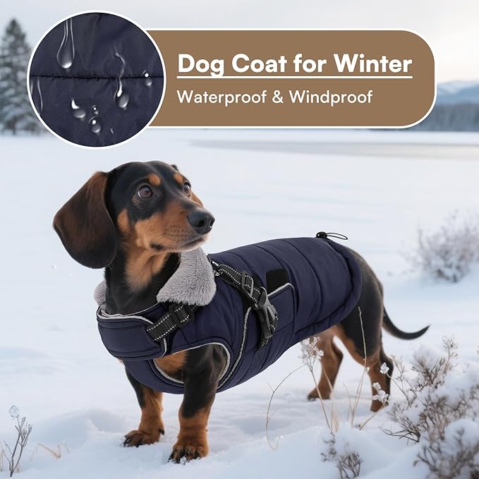 Queenmore XXXL Dog Coats for Extra Large Dogs Winter with Harness Built-in, Warm Waterproof Snow Jacket Large, Cold Weather Outdoor Puffer Coat - Fleece Lining Velcro Closure Reflective Easy On, Navy