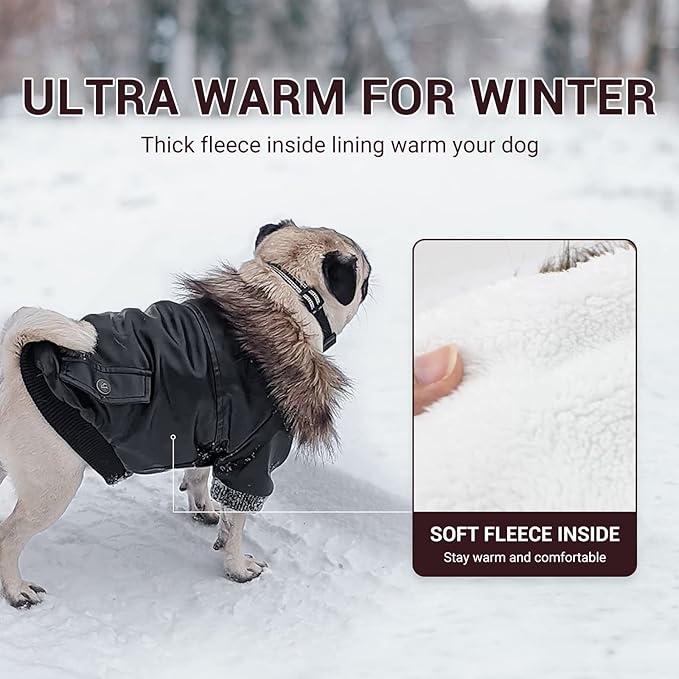 LESYPET Dog Leather Jacket for Small Dogs, Waterproof Dog Winter Jacket Puppy Coat with Fleece Lined, Ultra Warm Fur Collar Doggie Coat, Black S