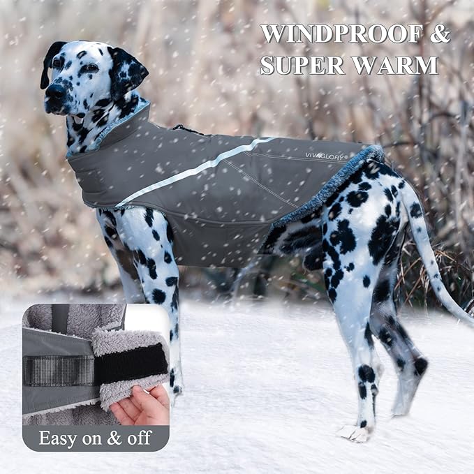 VIVAGLORY Snowrap Dog Coat, Jacket with Harness Hole & Velcro Closure, Dog Coat for Winter & Cold Weather, Fluffy Warm Fleece Lined Reflective Water Resistant for Puppy, L, Grey