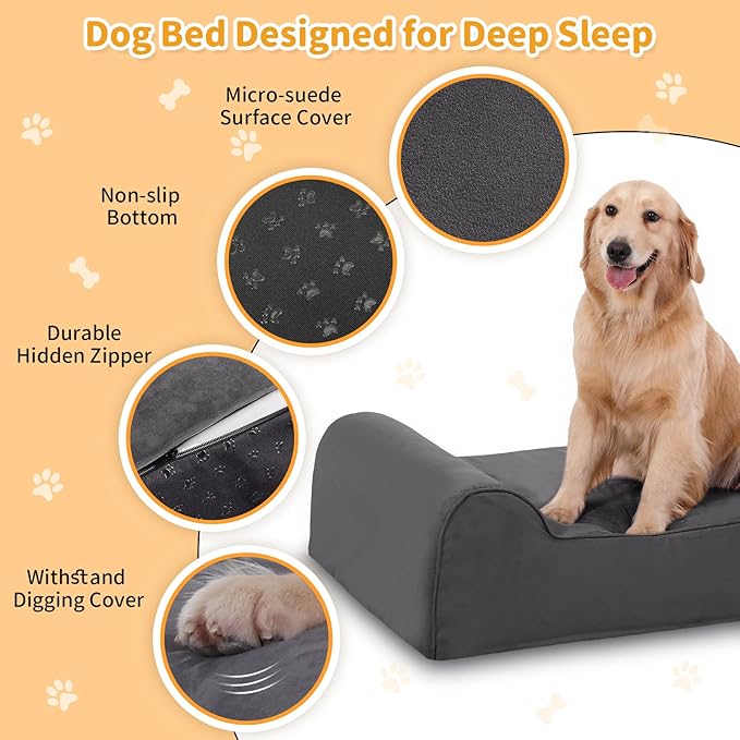 Orthopedic Dog Beds for Large Dogs, 7" Memory Foam Dog Beds with Waterproof Liner, Chew Proof Microsuede Cover, Removable and Washable, Nonskid Bottom, 48"x30"x7" L Grey