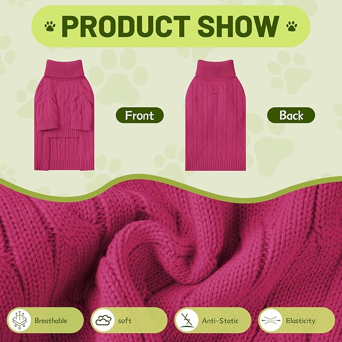 Small Dog Thermal Pullover Sweater, Classic Turtleneck Cable Knitwear Dog Clothes for Cold Weather Warm Pet Clothes for Chihuahua, Bulldog, Dachshund, Pug Hot Pink X-Large