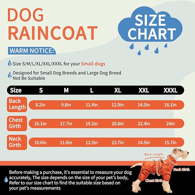 BRKURLEG Dog Raincoat for Small Dogs, Small Dog Rain Jacket with Harness Built in, Waterproof 4 Legs Pet Raincoats, Puppy Outdoor Jacket with Reflective Strip, Orange, M