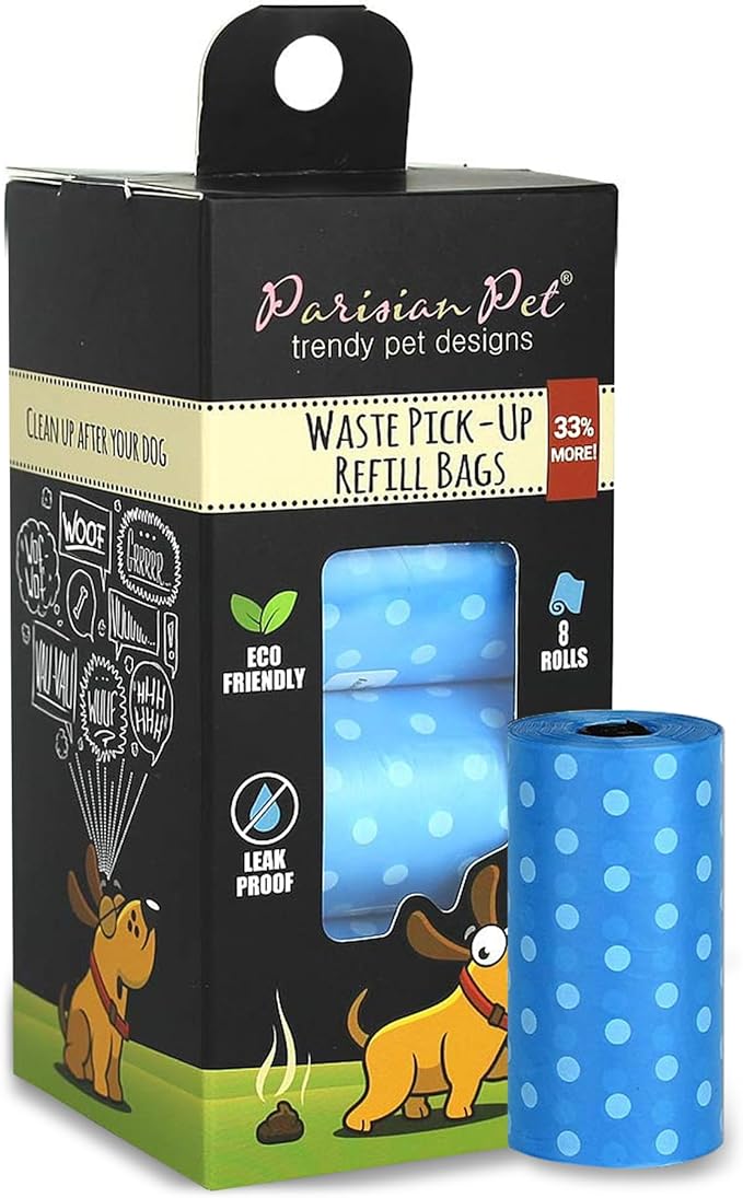 Parisian Pet Ecofriendly Dog Poop Bags Rolls - 160 Count Unscented Poop Bags For Dogs - Leakproof, Extra Thick, 8 Dog Waste Bags Refill Rolls - Polka Dot Blue Doggie Poop Bags - Fits All Dispenser