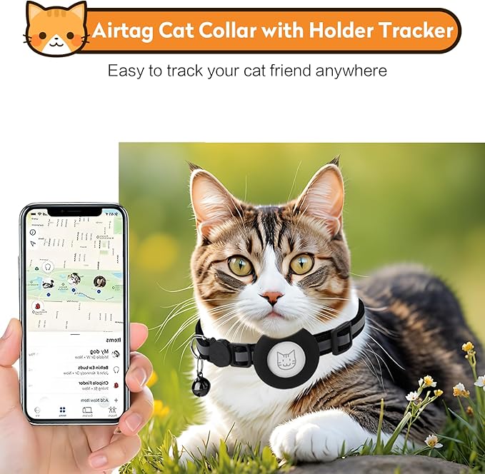 2 Pack Airtag Cat Collar with Bell, Reflective Nylon Kitten Collar with Apple Air Tag Holder and Breakaway Safety Buckle for Puppy Girl Boy Cats, 3/8" in Width and Lightweight, Black