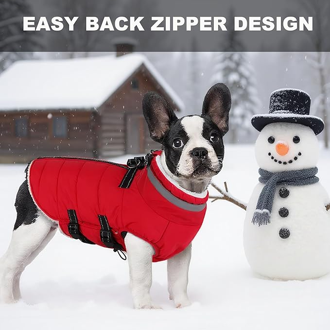 Large Dog Coat with Harness Built-in, Waterproof Reflective Fleece Lined - Warm Windproof Winter Jacket with Back Zipper, Cold Weather Snow Dog Coats - Red - 3XL