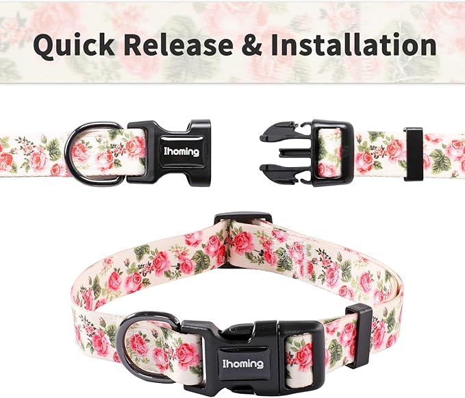 Ihoming Dog Collar and Leash Set for Daily Outdoor Walking Running Training, Pink Flowers Design for Small Boys Girls Dogs Cats Pets, S-Up to 20LBS