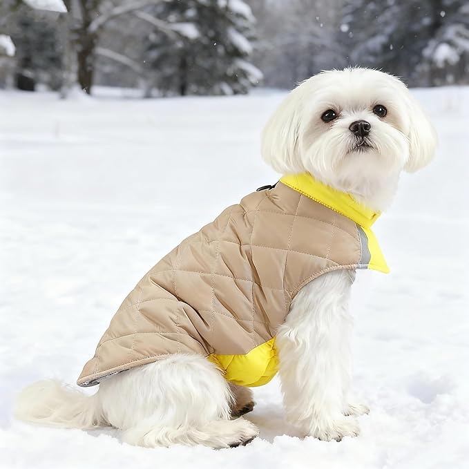 Quilted Dog Winter Coat, Plaid Lined Reversible Vest, Reflective Safety Strip, Cold Weather Pet Apparel Yellow S