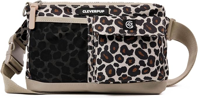 Dog Walk & Train Sling Bag - Hands-Free 2-in-1 Treat Pouch, Poop Bag Holder, Clicker, Phone Pocket - Crossbody/Fanny Pack, Adjustable Strap - Leopard
