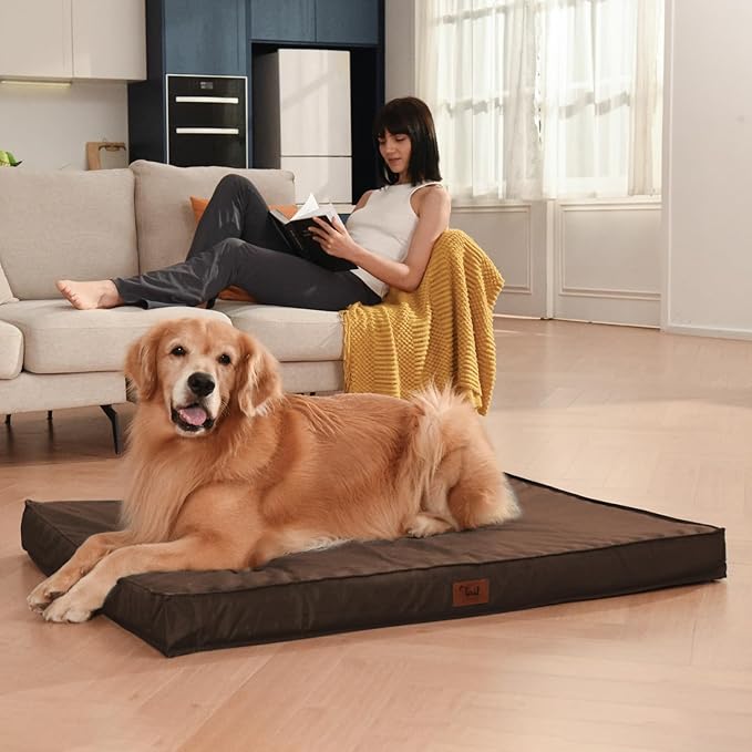 Outdoor All Weather Waterproof Dog Bed, Orthopedic Dog Bed for Extra Large Dogs, Egg Crate Foam Crate Pad with Washable Removable Oxford Cooling Cover, 47x29 Inch, Brown