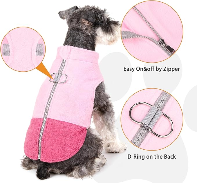 KOOLTAIL Dog Fleece Vest Sweater, Zip Up Step-in Pullover Warm Puppy Jacket with Dual Leash D-Ring for Small Medium Dogs, Cozy Soft Pet Winter Cold Weather Coats Fall Clothes Hoodie Boy Girl, Pink L