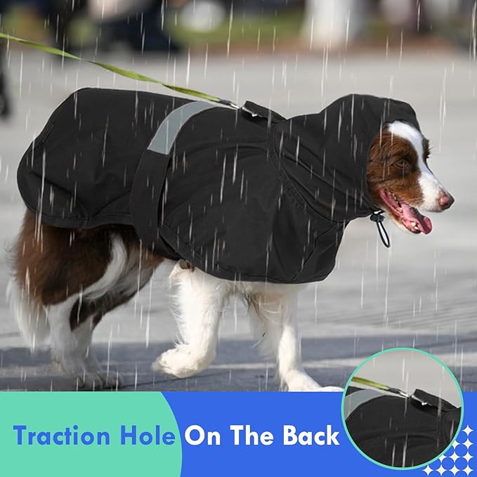MIGOHI Dog Raincoat, Adjustable Large Dog Raincoat | Easy-On Hook & Loop Belly Straps, Adjustable Hind Leg Straps Dogs Rain Jacket, Machine Washable, Black, L