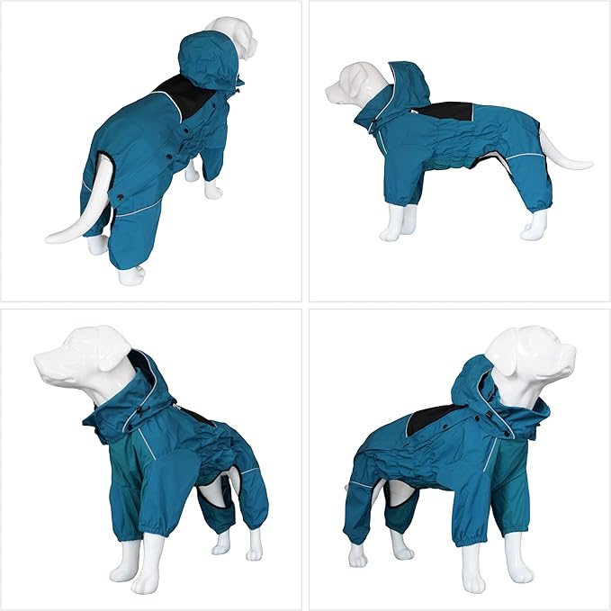 LOVELONGLONG Waterproof Dog Raincoat with Removable Hood – Outdoor Full Body Dog Jacket, Windproof Snowproof Shell Suit – All Season Pet Rain Gear Ocean Teal 4XL