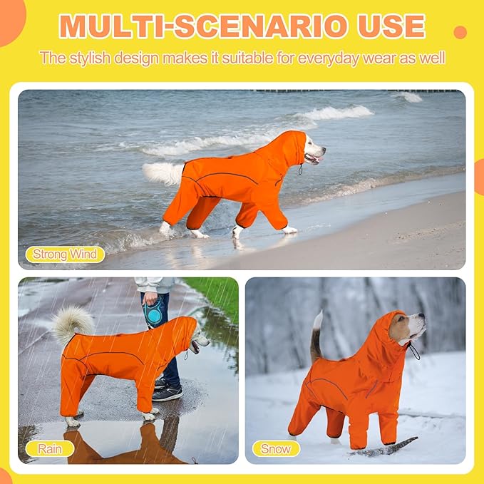 Dog Raincoat, Waterproof Dog Rain Jacket with Removable Hood，Adjustable 4 Legs Pet Poncho with Leash Hole，Reflective Stripe Hooded Snowproof Windproof Clothes for Small to 3X-Large Dogs, XL
