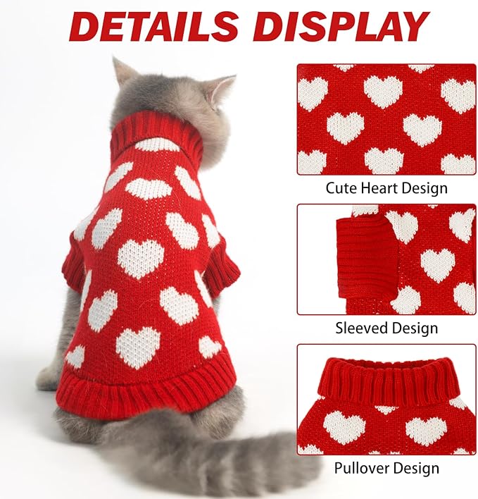 KOOLTAIL Cat Sweater Turtleneck - Soft Knit Cat Christmas Sweater, Heart Love Pattern Thick Warm Cold Weather Clothes for Small, Medium, Large Size Kitten, Puppy, Girls Red