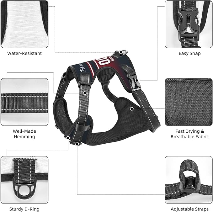 Custom Houston Dog Harness with Reflective Stripes Personalized Name and Number Dog Vest Harness with Pet Traction Rope for Small Medium Large Dog