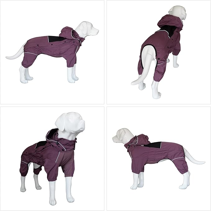 LOVELONGLONG Waterproof Dog Raincoat with Removable Hood – Outdoor Full Body Dog Jacket, Windproof Snowproof Shell Suit – All Season Pet Rain Gear Plum Purple S+