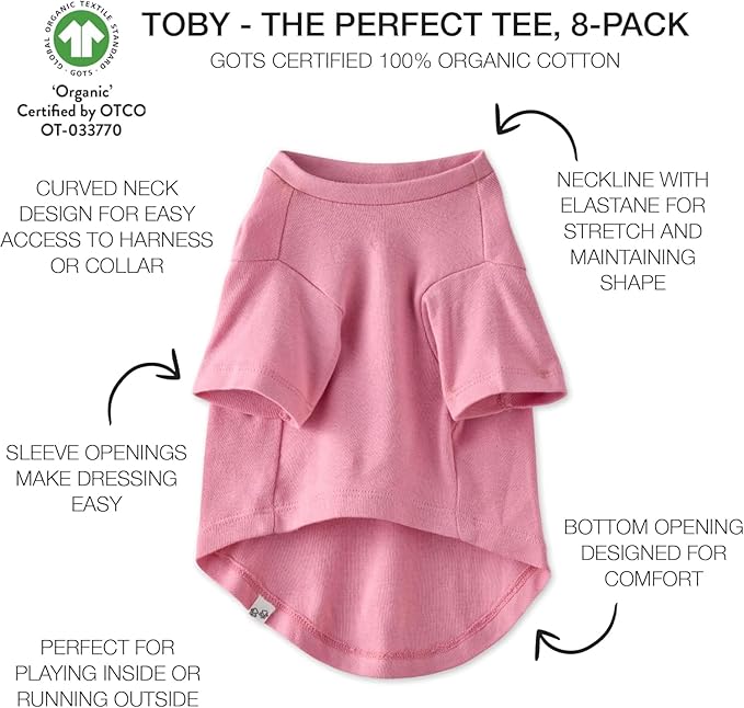 Toby II - The Perfect Tee, 8 Pack Short Sleeve Pet T-Shirt 100% Organic Cotton Tees Clothes for Small, Medium, Large Dogs, Rainbow Pink, XX-Small