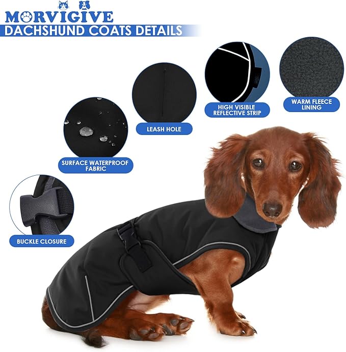 Dachshund Winter Dog Coat - Black, XLarge - Windproof Waterproof with Fleece Lining, Adjustable Buckle Closure, Snowsuit Harness Hole