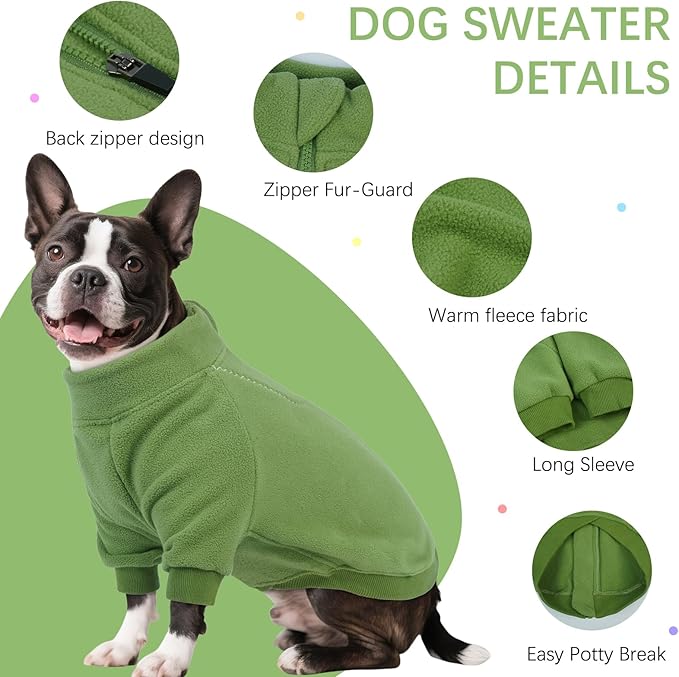 BRKURLEG Dog Sweater Warm Soft Fleece Dogs Sweaters, Turtleneck Sweatshirt for Small Medium Large Dogs, Dog Winter Coat, Christmas Pet Jacket with Zipper Cold Weather Coat (Green, XXXL)