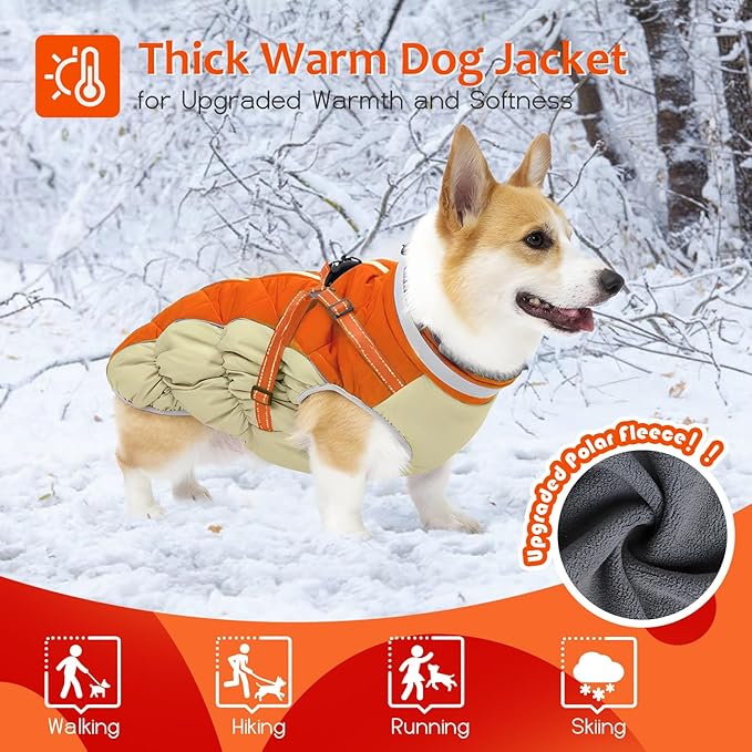 Dog Winter Coat with Harness, Dog Jacket, Pet Clothes with Zipper on Back, Waterproof Windproof Warm Vest, Reflective Cold Weather Coats, for Small Medium Large Dogs, Thick, Orange, L