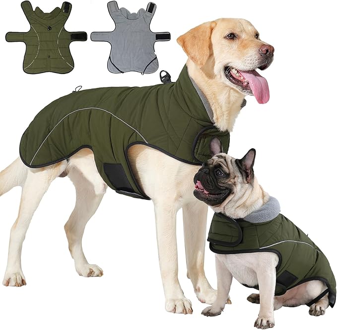 HEYWEAN Dog Winter Coat - Waterproof Windproof Reflective Vest for Medium & Large Breeds Adjustable Warm FleeceLined Jacket with Magic Tape & D-Ring for Leash Cold Weather Apparel (Green, Large)
