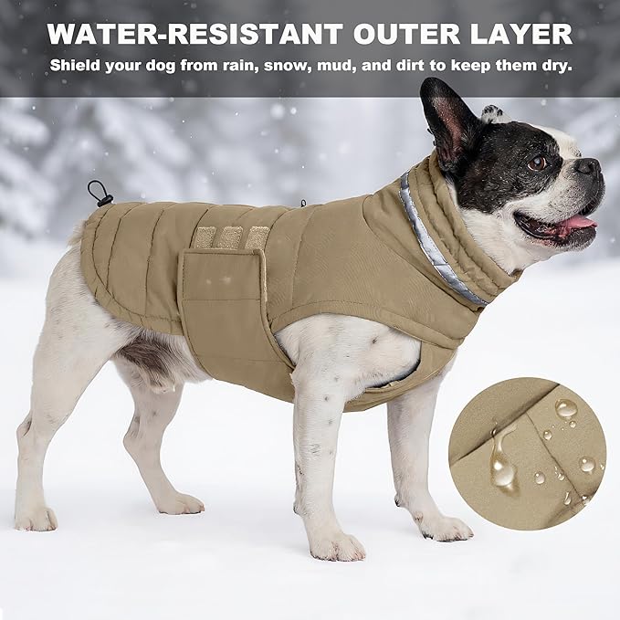Dog Coat, Waterproof Winter Jacket, Warm Windproof Jacket, Reflective Adjustable Turtleneck Coats for Medium Dogs with Hook & Loop - Khaki - M