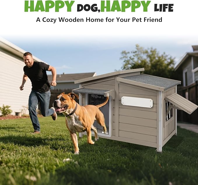 Large Outdoor Wooden Dog House, Weatherproof Dog Houses with Adjustable Vent Windows, Alloy Chew-Resistant Frame, Removable Floor for Medium & Large Dogs, (34" L x 22" W x 25.9" H)